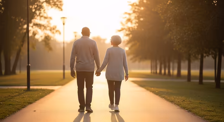 A senior couple enjoying a peaceful walk on a paved path during sunset.
