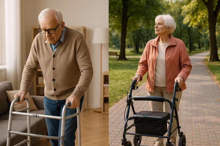 An older adult using a standard walker next to another older adult using a four-wheel rollator with a seat.